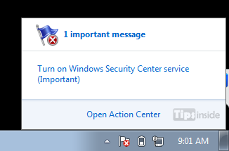 flag message turn on windows security center sertvice